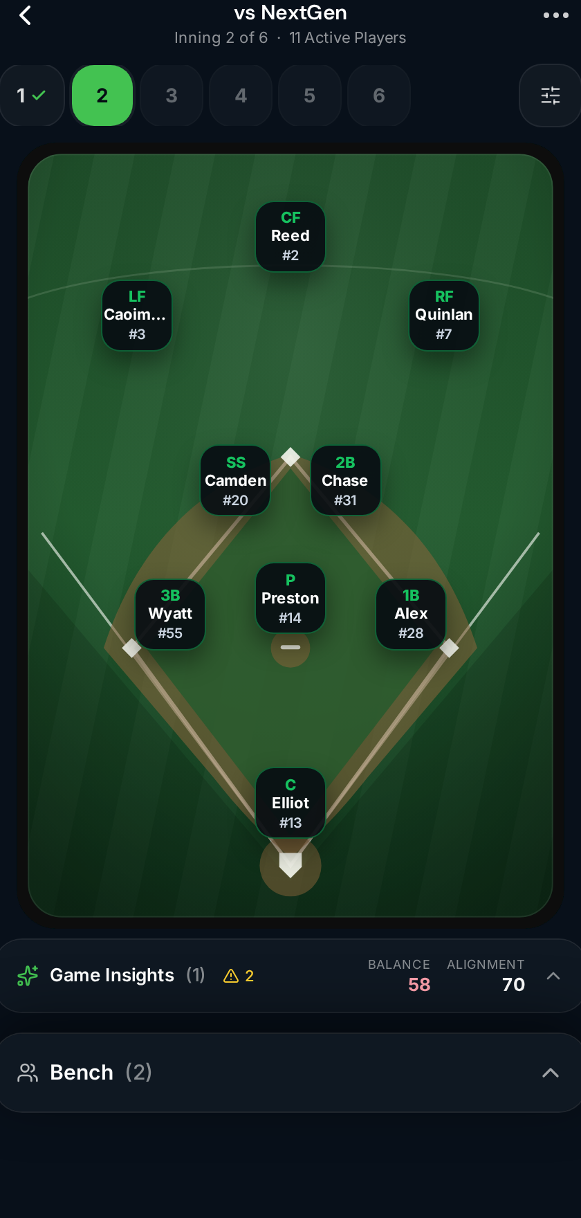 backstp GameDay: live defensive lineup with player positions on the field
